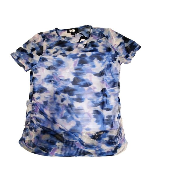Women's DKNY Short Sleeve Blue Abstract Print Mesh Top Size: L - Picture 2 of 5
